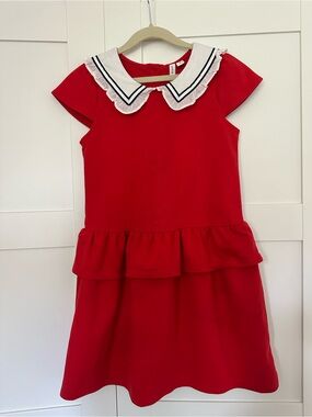 Janie and Jack Red Ruffle Hem Girls Dress with Contrast Collar
